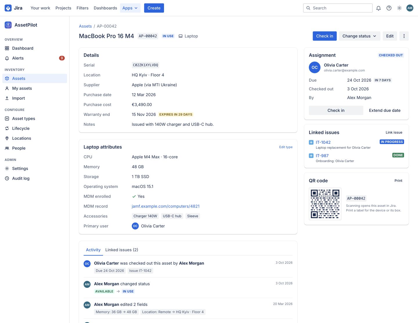 Asset record with assignment, warranty, QR code and timestamped activity
