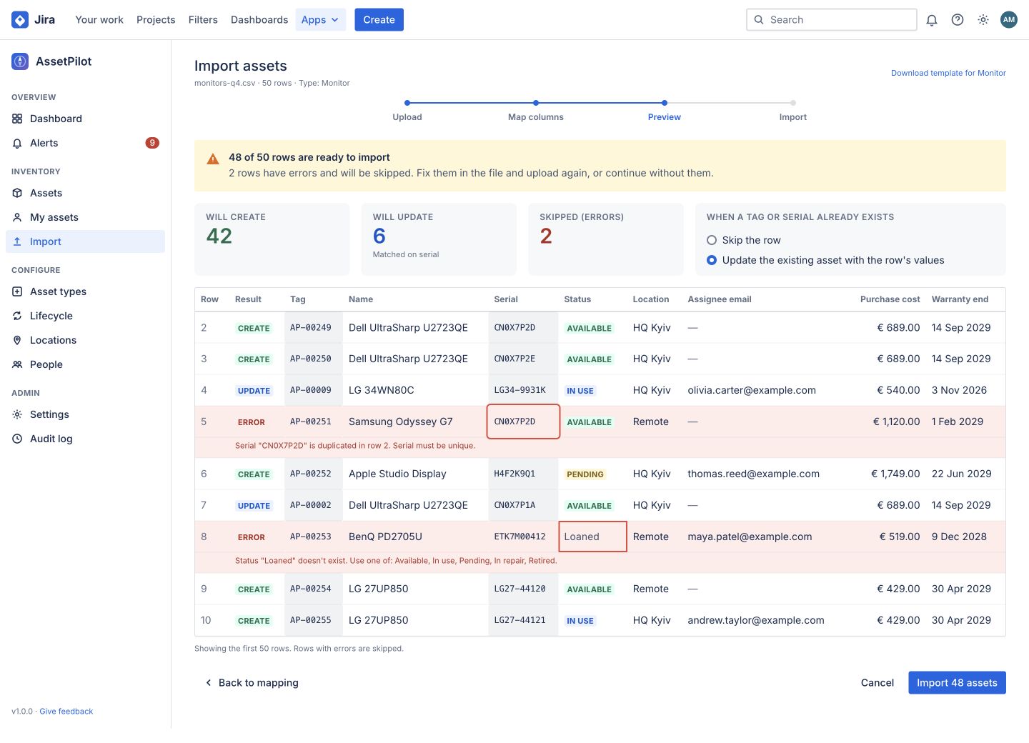 AssetPilot CSV import preview with column mapping and validation