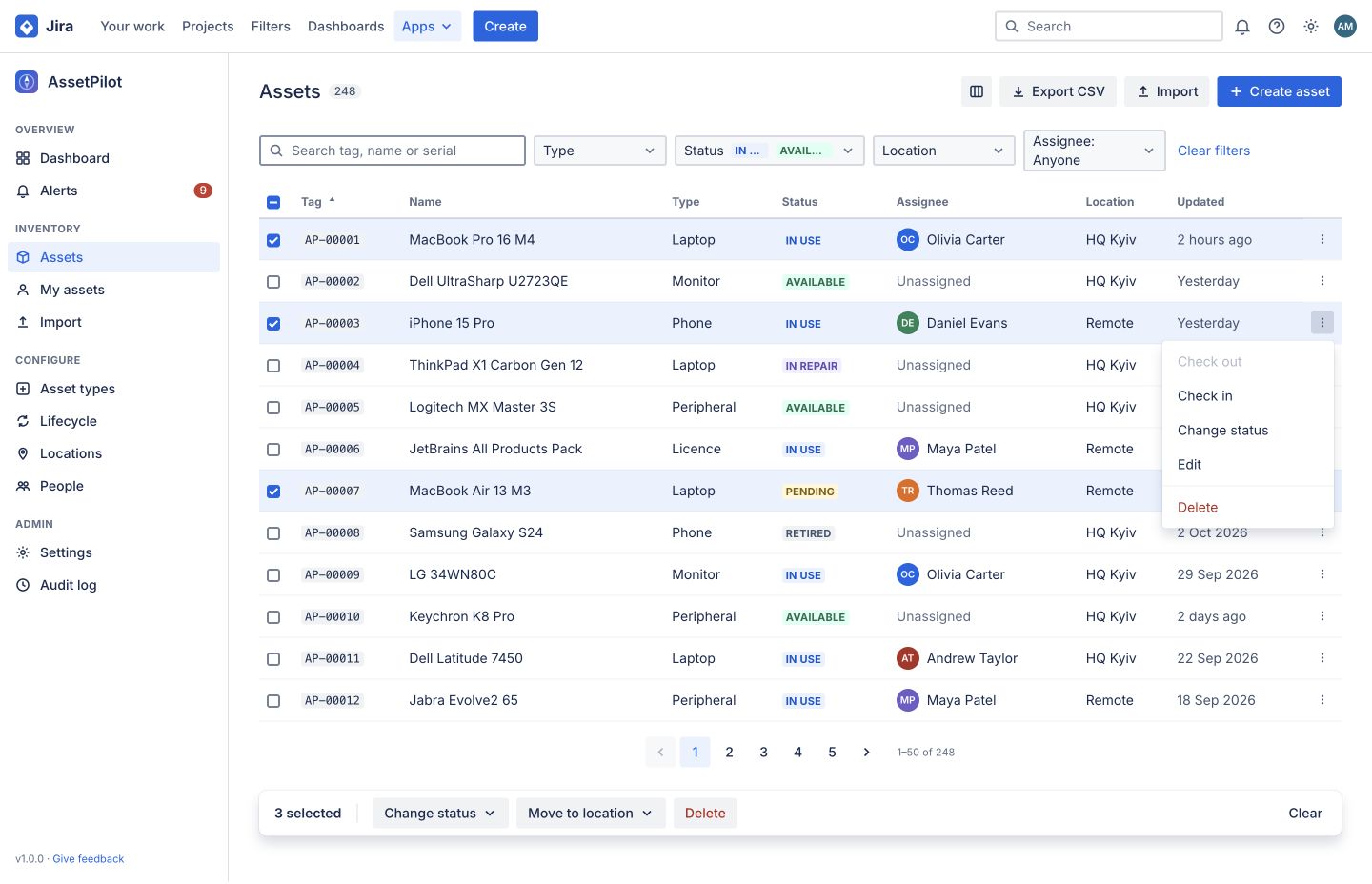 AssetPilot interface preview from Claude Design showing a clear inventory, ownership and device status