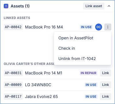 Assets linked to a Jira request, with check in and check out actions